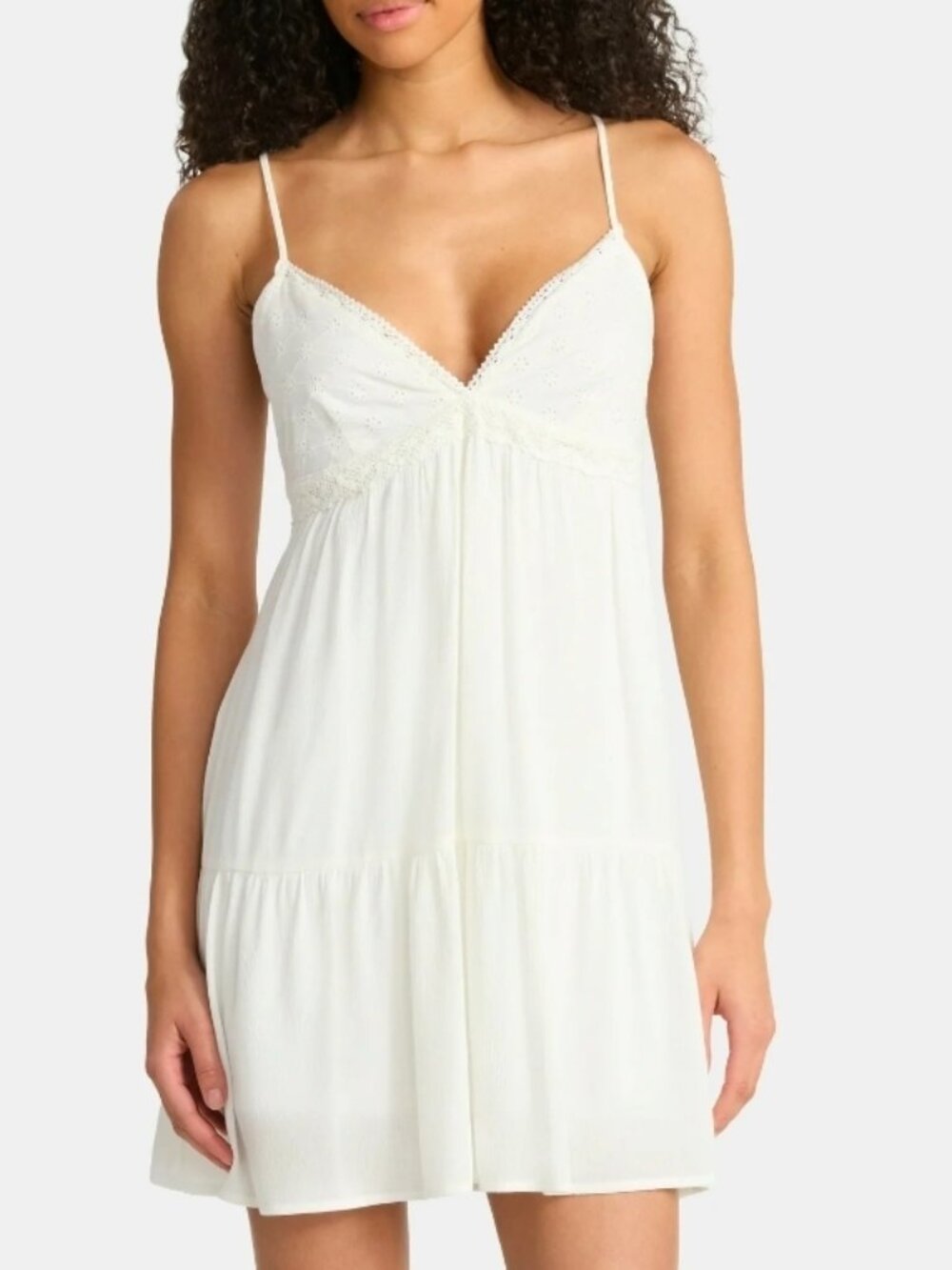 No Boundaries Woven Eyelet Mini Dress with Crochet Trim, Winter white color.